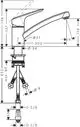 Hansgrohe Spültischmischer mit einem kippbaren Hebel und einer klaren Linienführung, Montage- und Anschlussdetails sowie technische Maße sind im Diagramm dargestellt.
